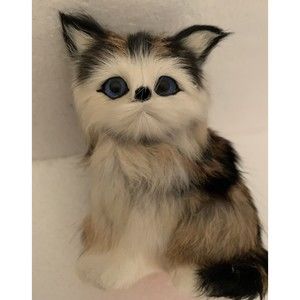 Real Fur Calico Kitten Cat Blue Glass Eyes White Face Brown Black Stripes 4" VTG